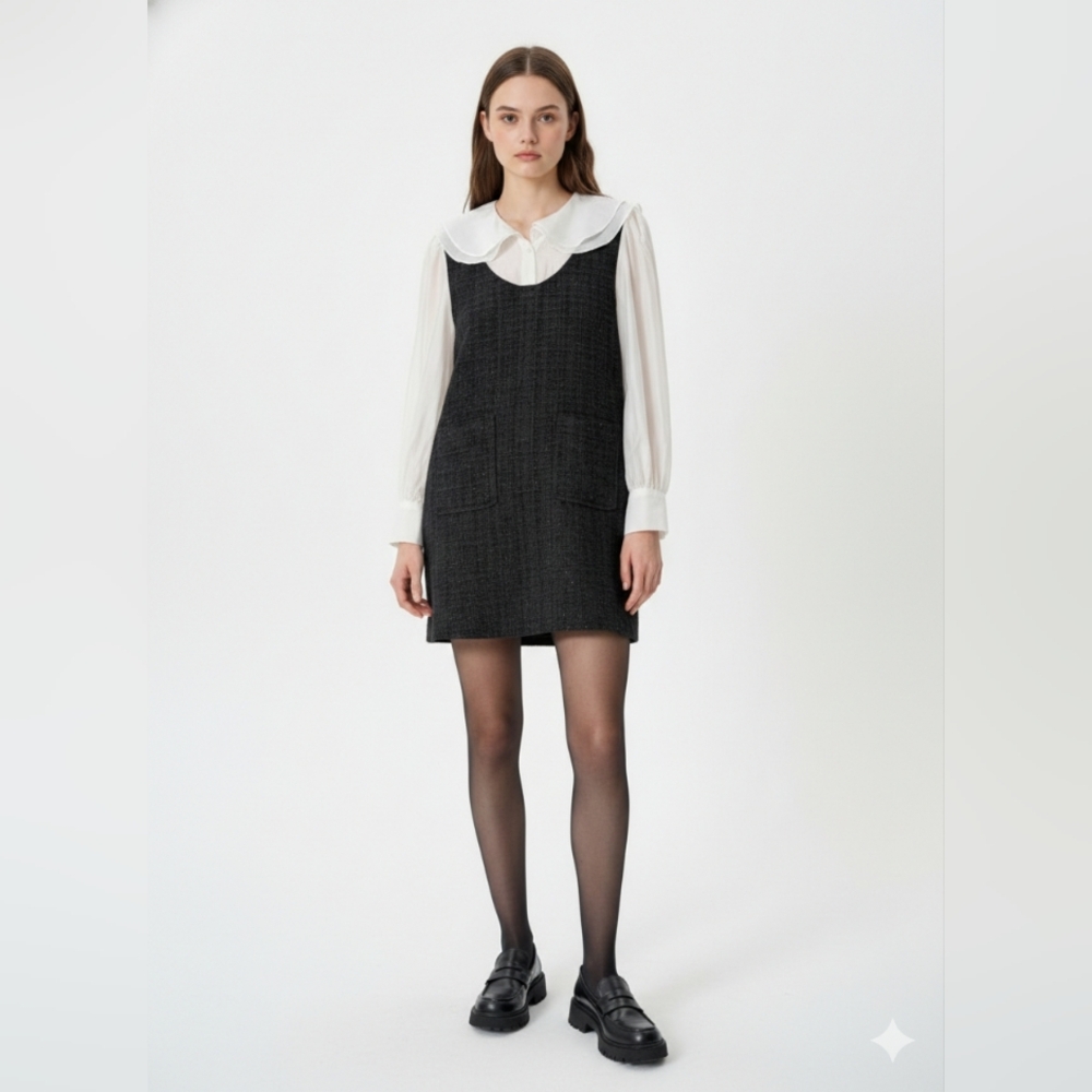 Sioshre Tweed Shift Dress with Ruffled Layered Collar & Sleeves - Picture 1 of 9